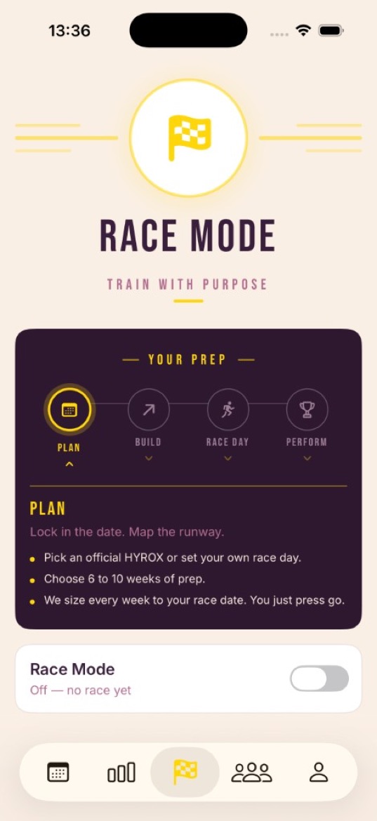 Woohoo! Race Mode screen with a race countdown and the week's key sessions
