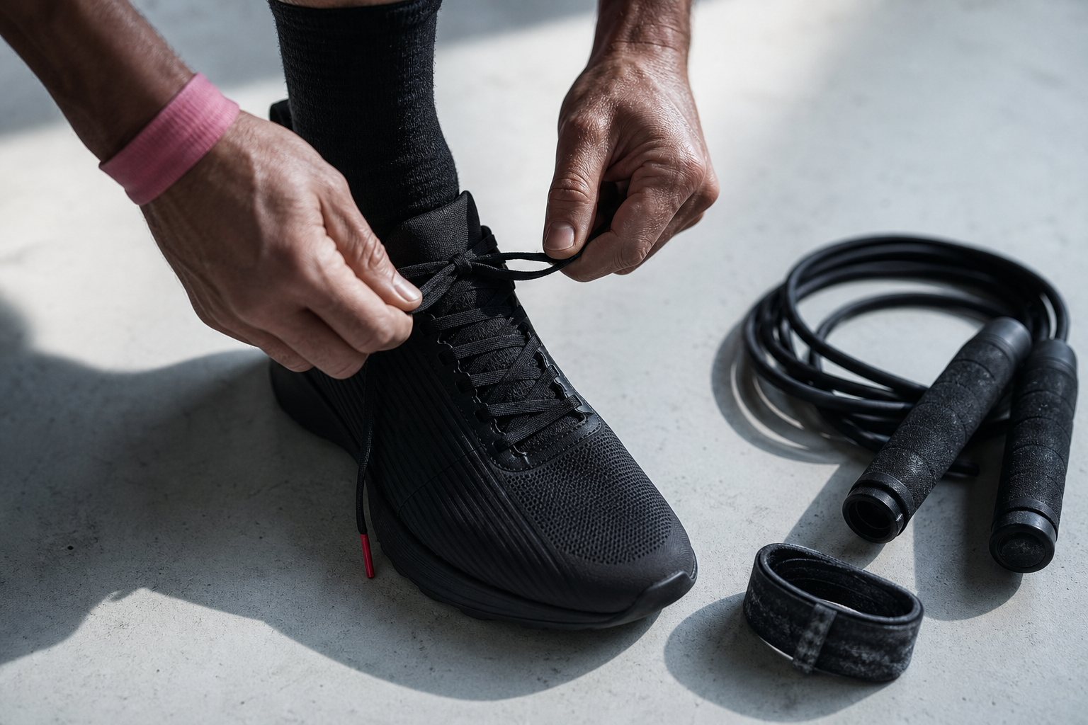 Athlete lacing up training shoes on a smooth concrete floor with a pink wristband