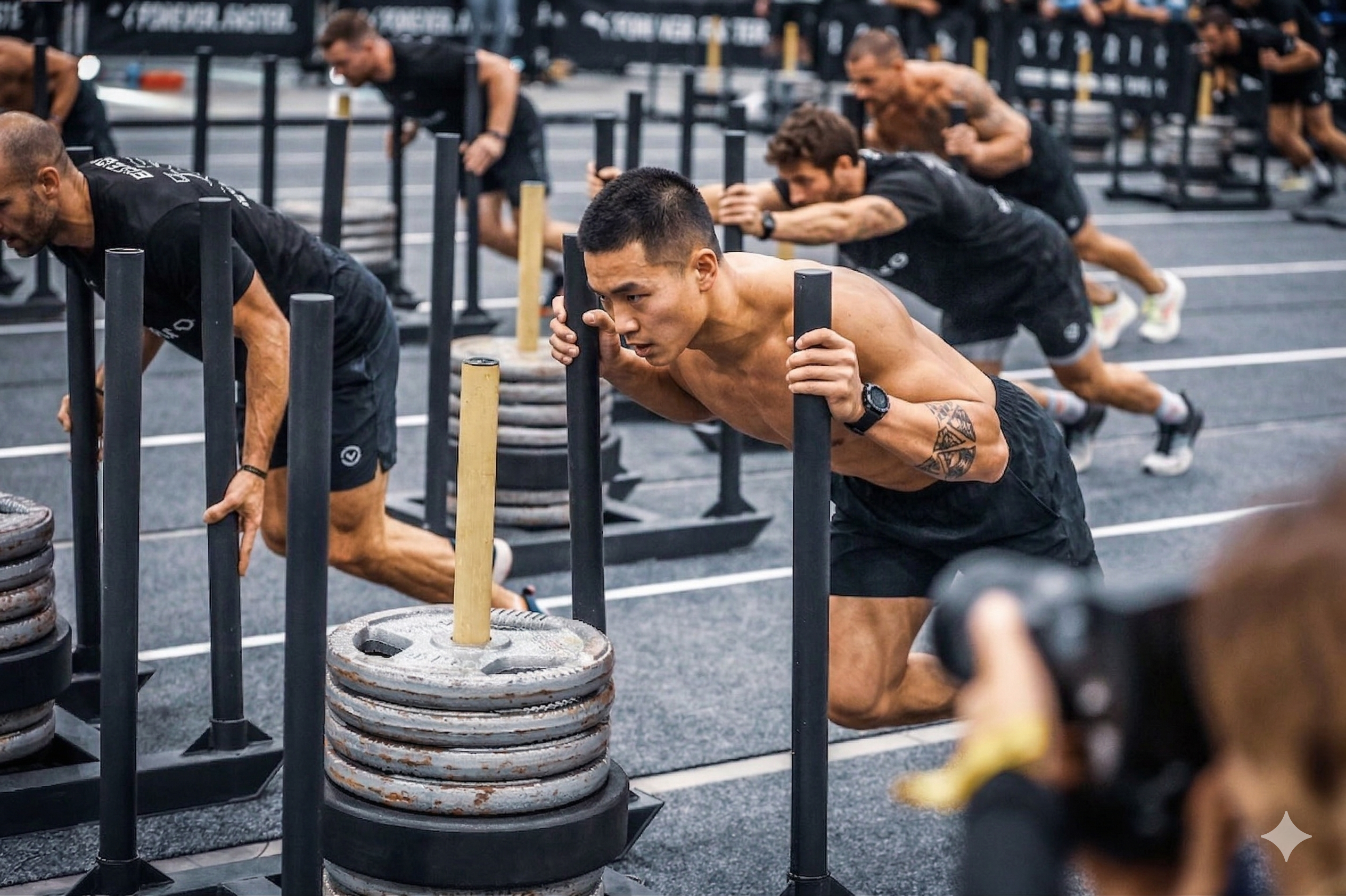 Athletes in a group sled-push training session